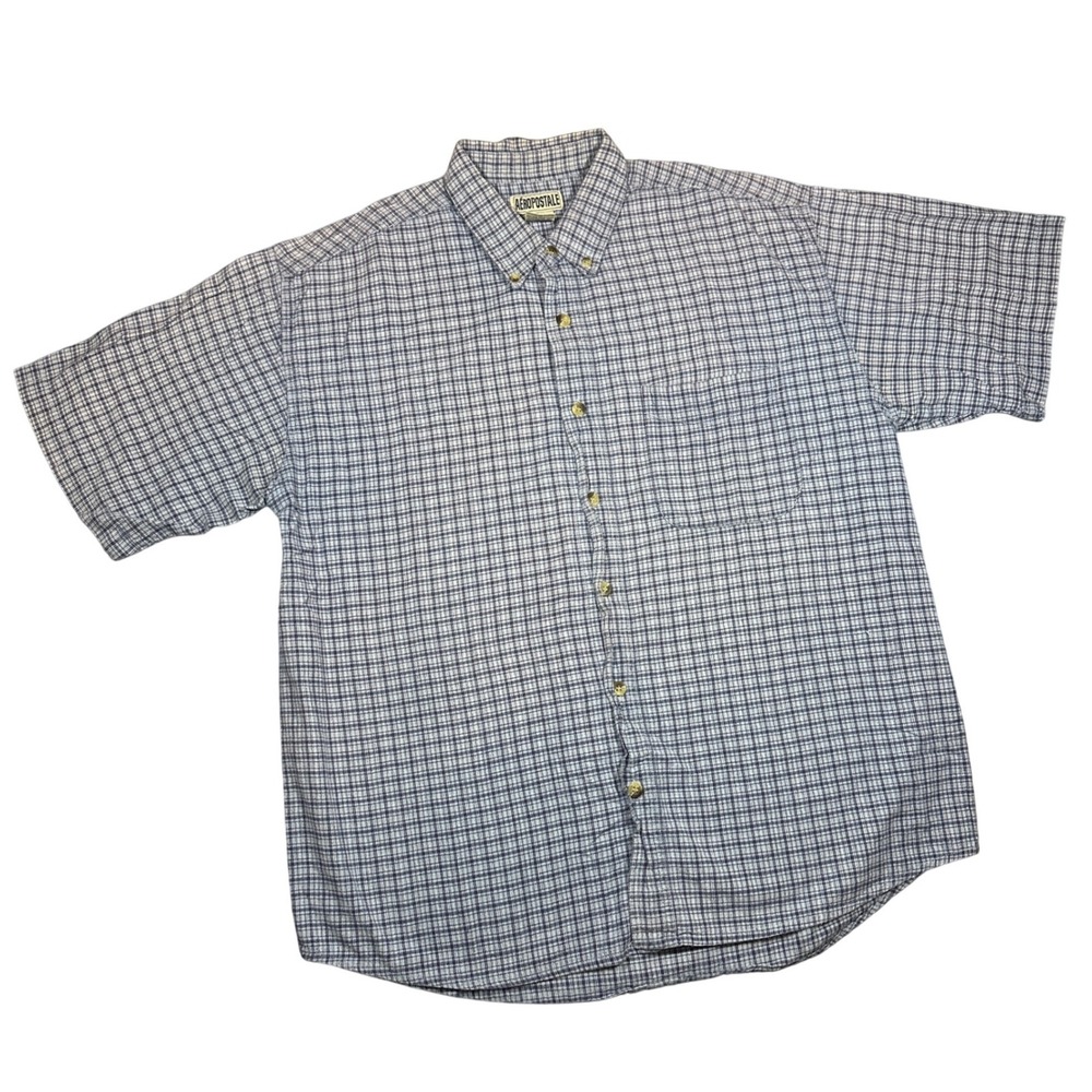 Y2K Aeropostale Large Blue White Plaid Cotton Short Sleeve Button Down Shirt